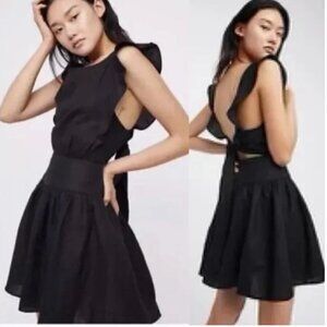 Free People Erin Linen Mini Dress Black Large Ruffle Back Bow Boho Cottagecore
